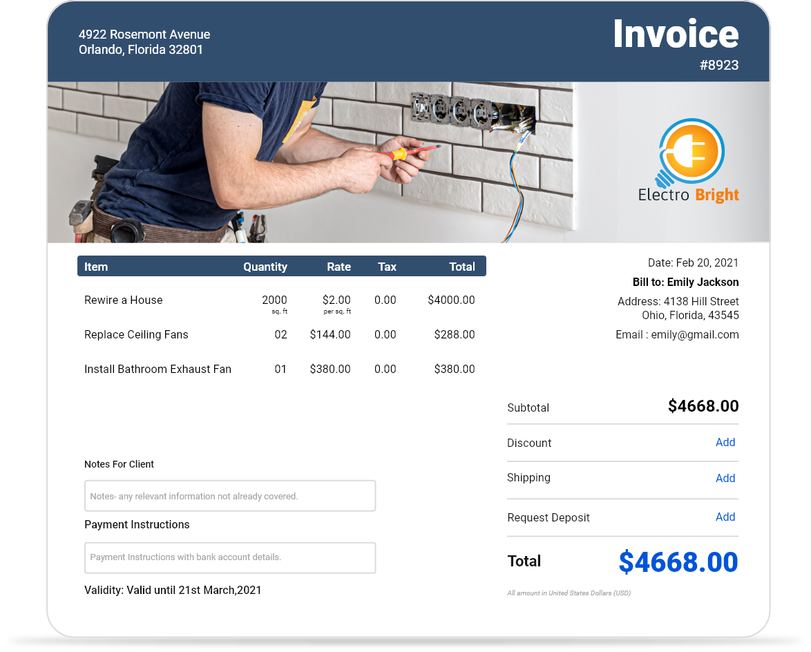 Free Electrical Work Invoice Template | Download & Customize