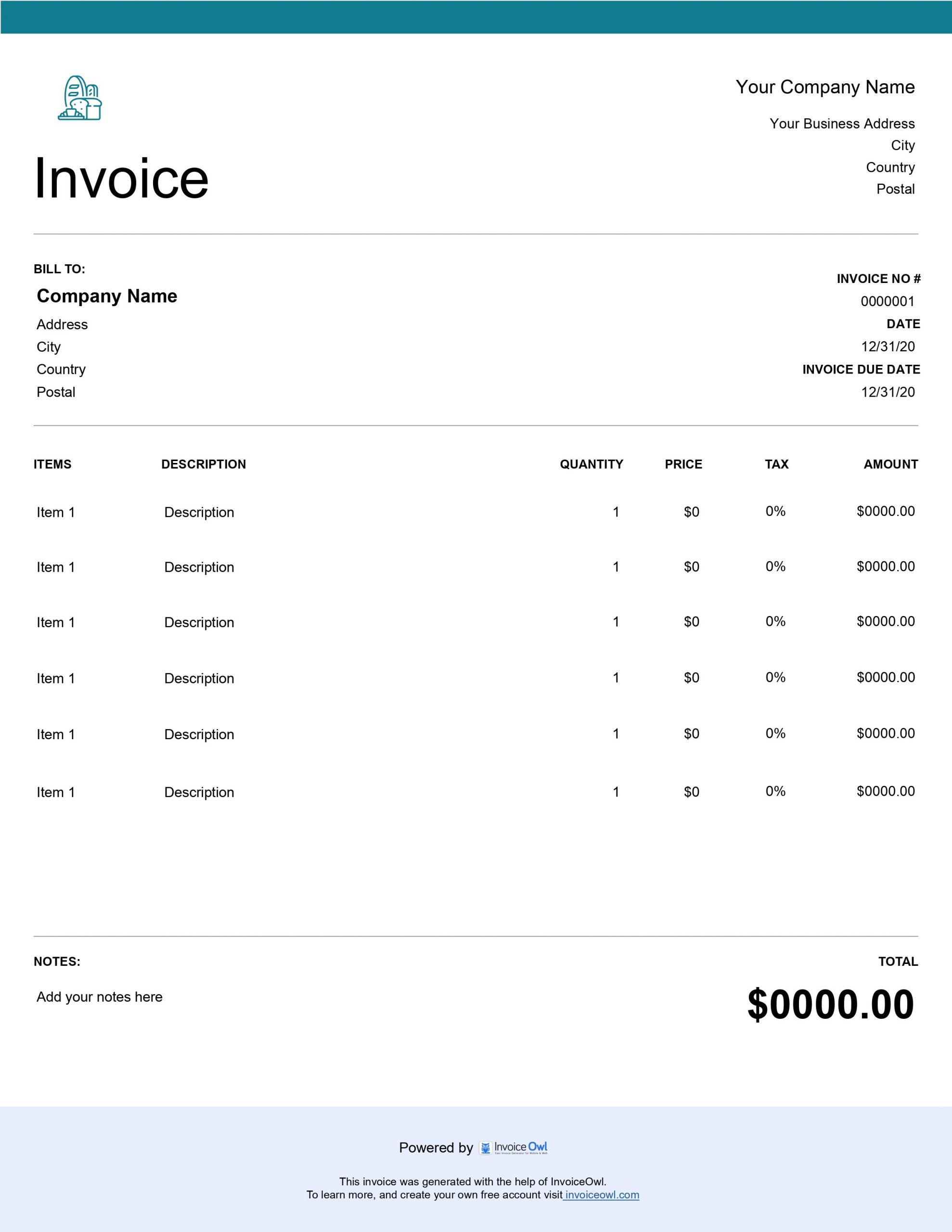 Home Bakery Invoice
